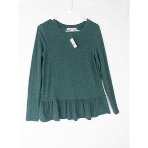 NWT Loft Sweater Womens XS Green Pullover Ruffle Solid Minimalist Long Sleeve